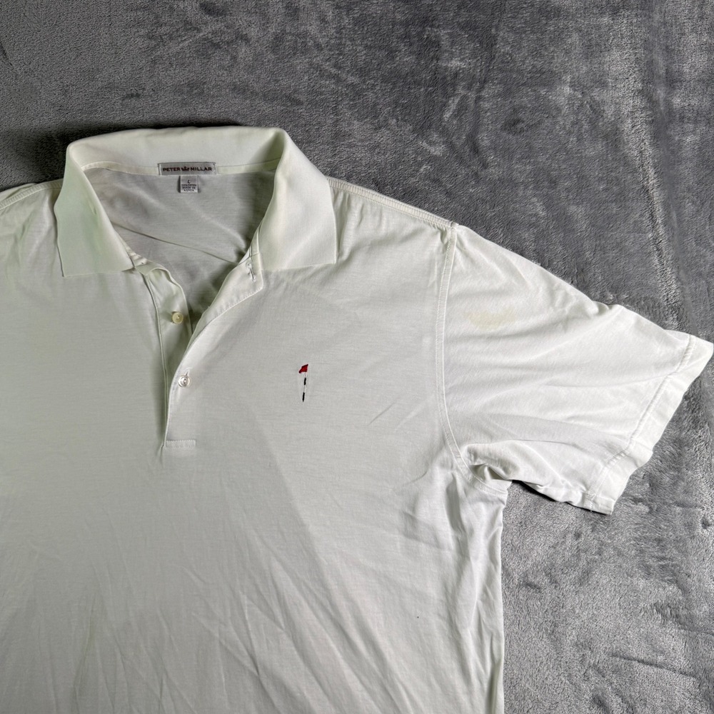 Peter Millar White Golf Polo Shirt Mens Lrg Golf Flag Cotton Short Sleeve (read)
